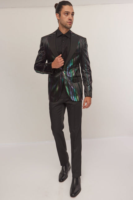 Men's Brush Stroke Wet Look Peak Lapel Tuxedo Jacket - Multi | Ron Tomson