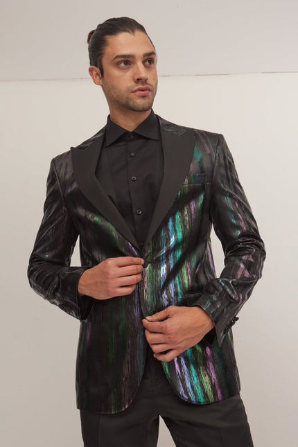 Men's Brush Stroke Wet Look Peak Lapel Tuxedo Jacket - Multi | Ron Tomson