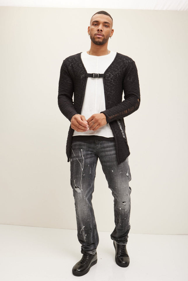 Cotton Buckled Longline Cardigan - Black White