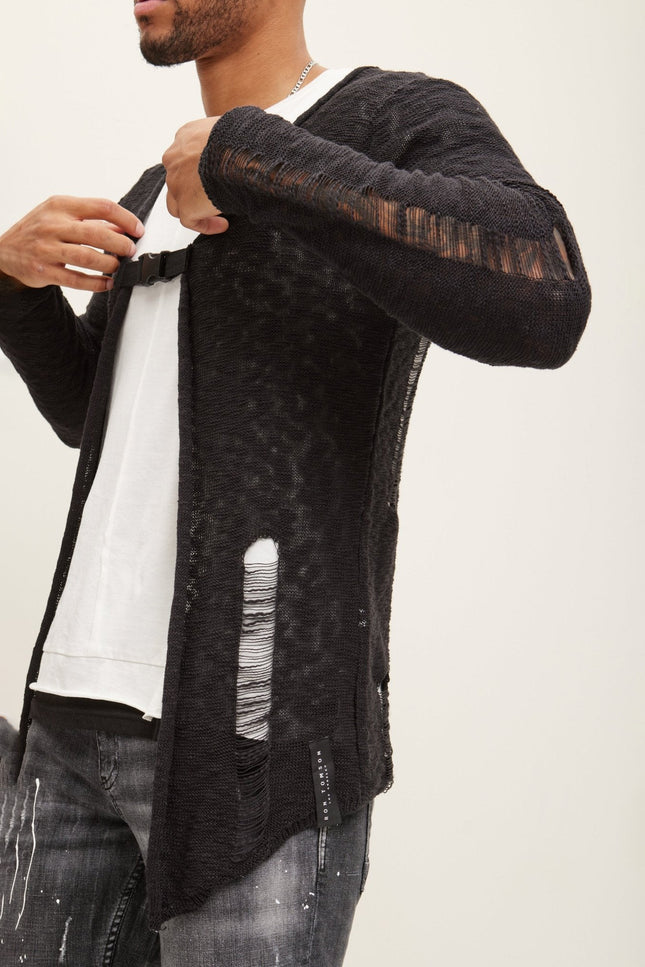 Cotton Buckled Longline Cardigan - Black White