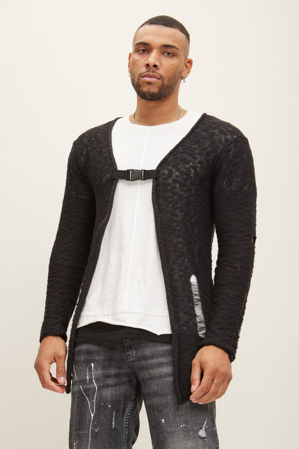 Men's Cotton Buckled Longline Cardigan - Black White | Ron Tomson