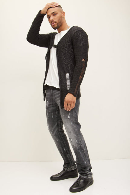 Men's Cotton Buckled Longline Cardigan - Black White | Ron Tomson