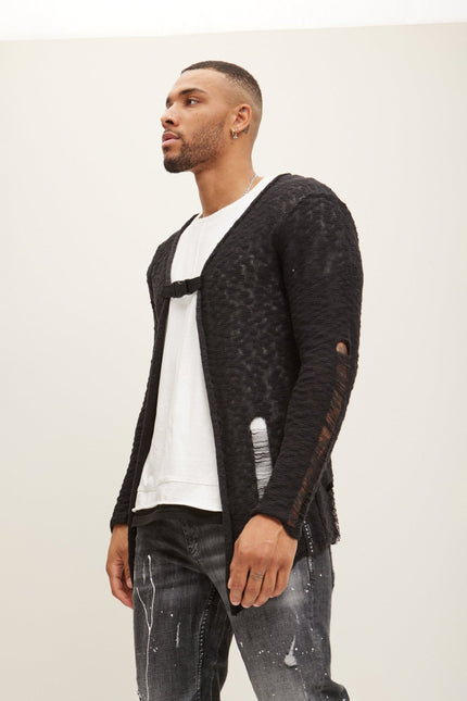 Men's Cotton Buckled Longline Cardigan - Black White | Ron Tomson
