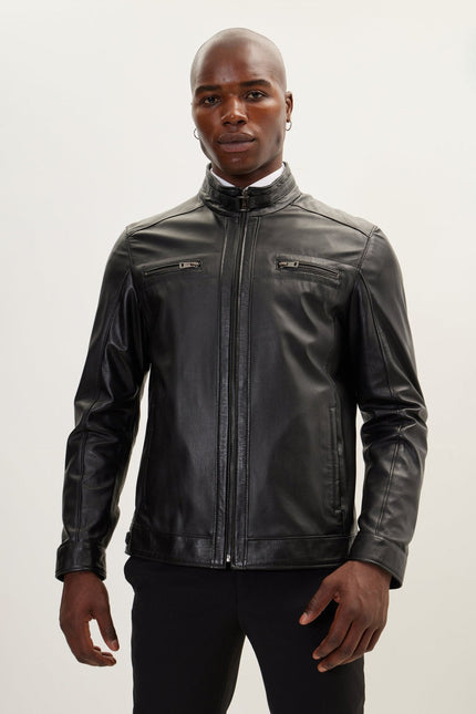 Men's Cafe Racer Leather Jacket - Black | Ron Tomson