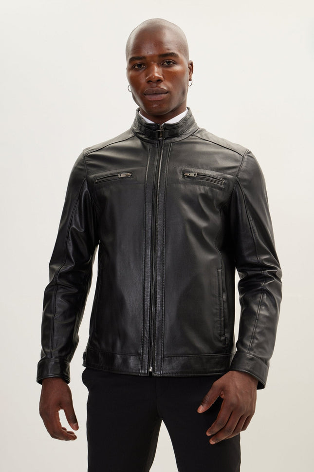 Men's Cafe Racer Leather Jacket - Black | Ron Tomson