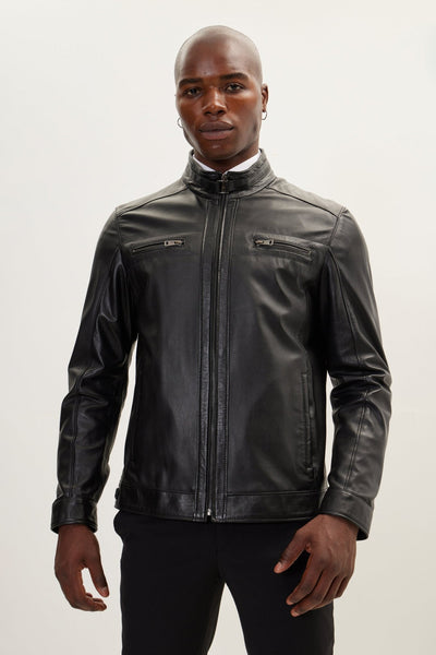 Men's Cafe Racer Leather Jacket - Black | Ron Tomson