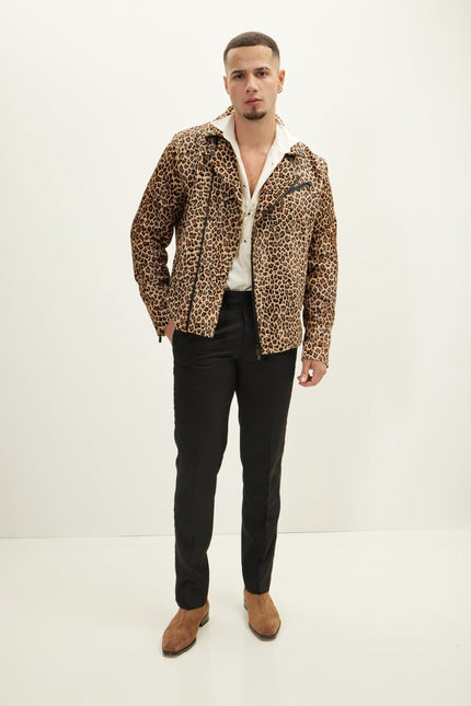 Men's Leopard Calf Hair Asymmetric Moto Jacket - Brown | Ron Tomson