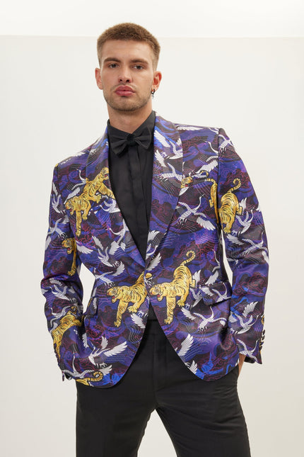 Men's Asian Tiger Shawl Tuxedo Jacket - Purple | Ron Tomson