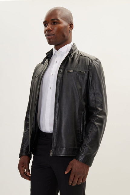 Men's Cafe Racer Leather Jacket - Black | Ron Tomson