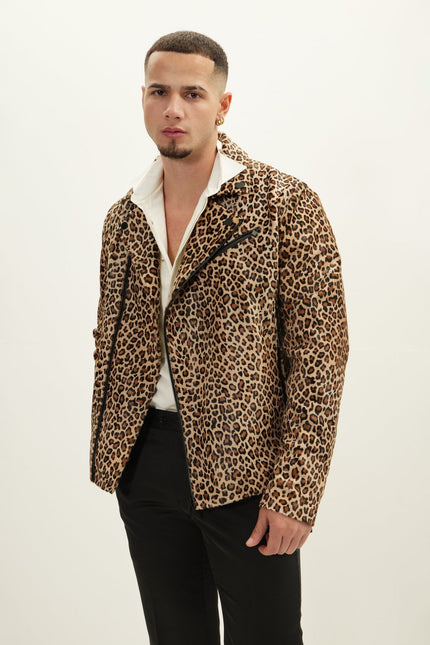 Men's Leopard Calf Hair Asymmetric Moto Jacket - Brown | Ron Tomson