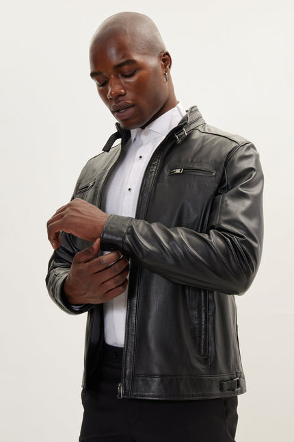 Men's Cafe Racer Leather Jacket - Black | Ron Tomson