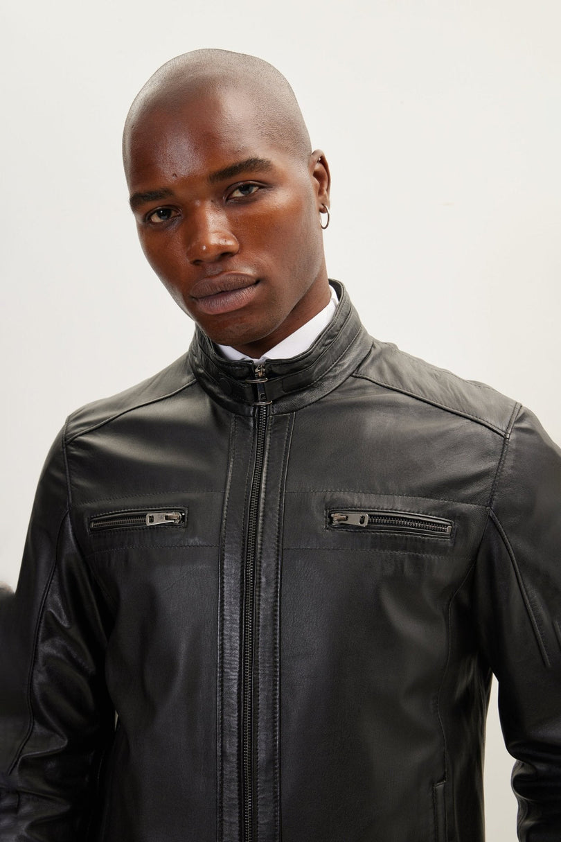 Men's Cafe Racer Leather Jacket - Black | Ron Tomson