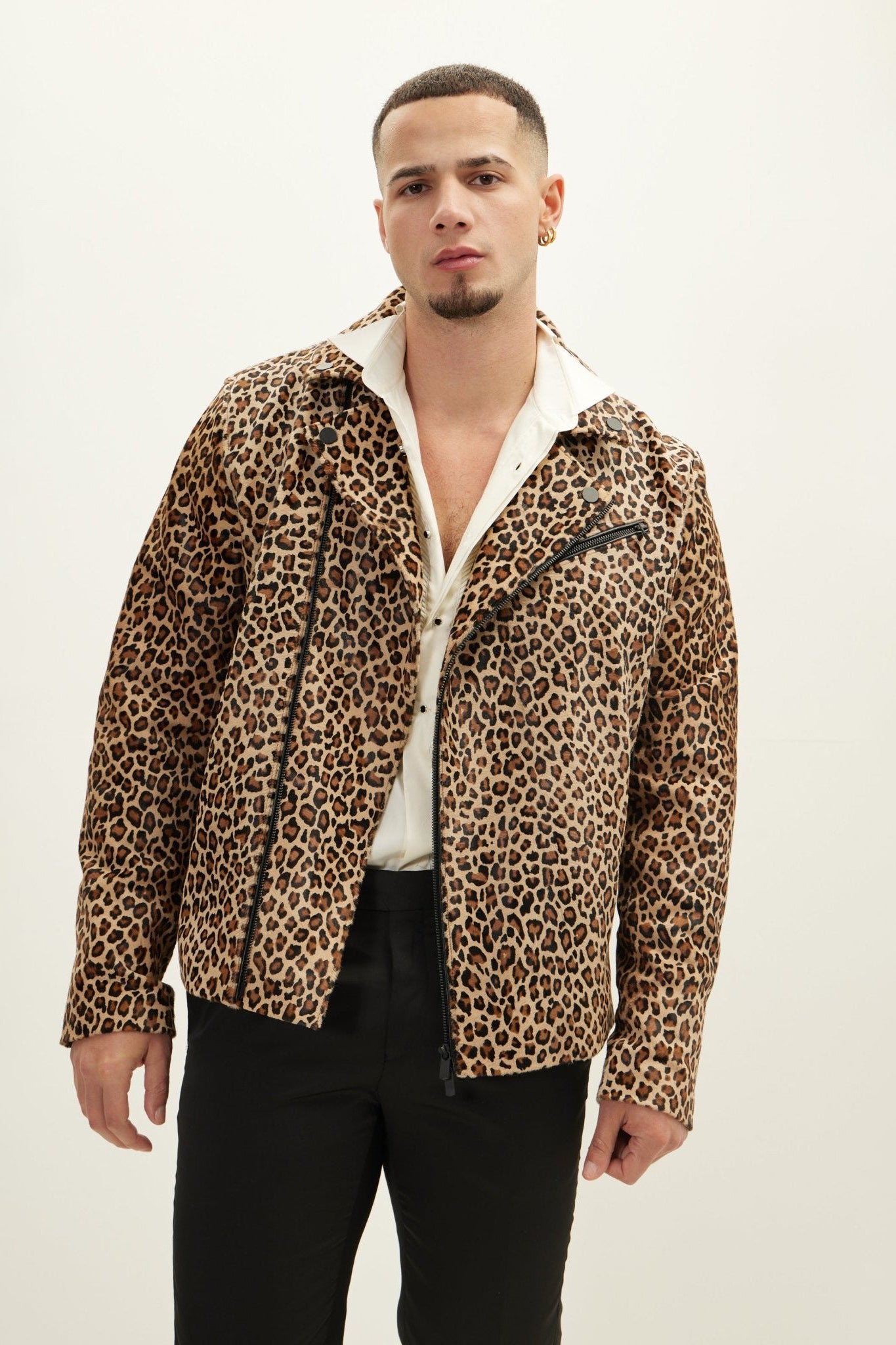 Men's Leopard Calf Hair Asymmetric Moto Jacket - Brown | Ron Tomson