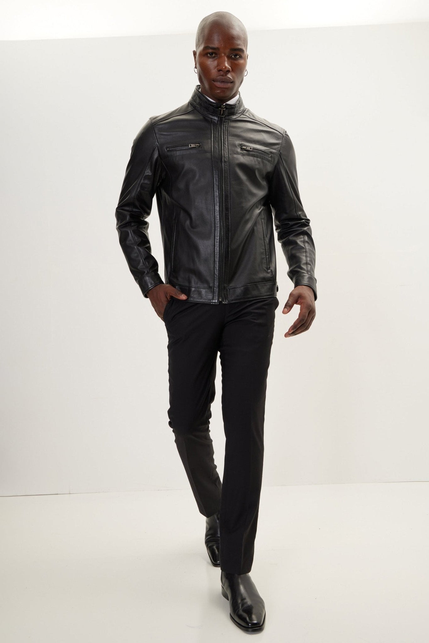 Men's Cafe Racer Leather Jacket - Black | Ron Tomson