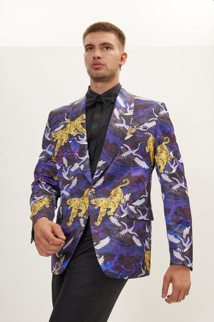Men's Asian Tiger Shawl Tuxedo Jacket - Purple | Ron Tomson