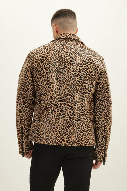 Men's Leopard Calf Hair Asymmetric Moto Jacket - Brown | Ron Tomson