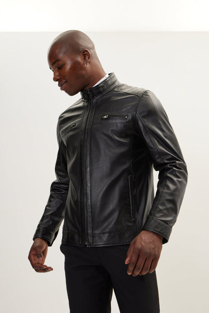 Men's Cafe Racer Leather Jacket - Black | Ron Tomson