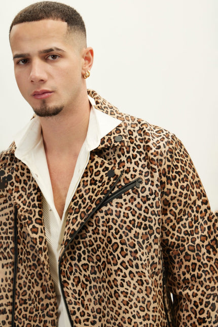 Men's Leopard Calf Hair Asymmetric Moto Jacket - Brown | Ron Tomson