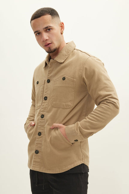 Men's Cotton Patch Pocket Shirt Jacket - Camel | Ron Tomson