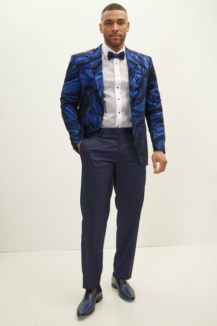 Men's Floral Peak Lapel Tuxedo Jacket - Navy | Ron Tomson