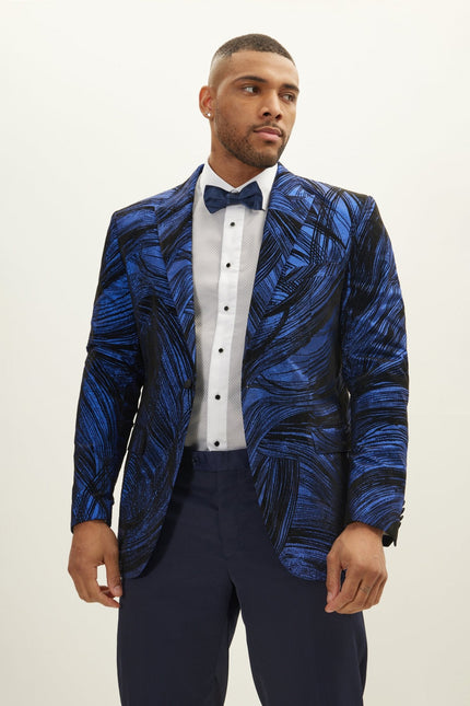 Men's Floral Peak Lapel Tuxedo Jacket - Navy | Ron Tomson