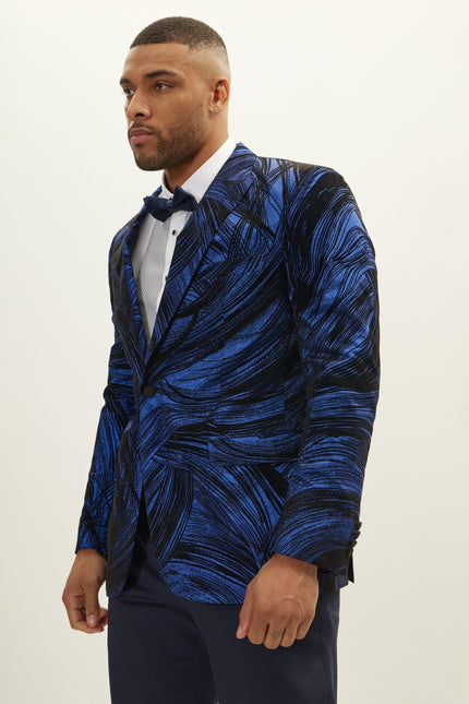 Men's Floral Peak Lapel Tuxedo Jacket - Navy | Ron Tomson