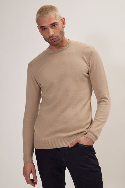 Men's Muscle Fit Crew-Neck Sweater - Stone | Ron Tomson