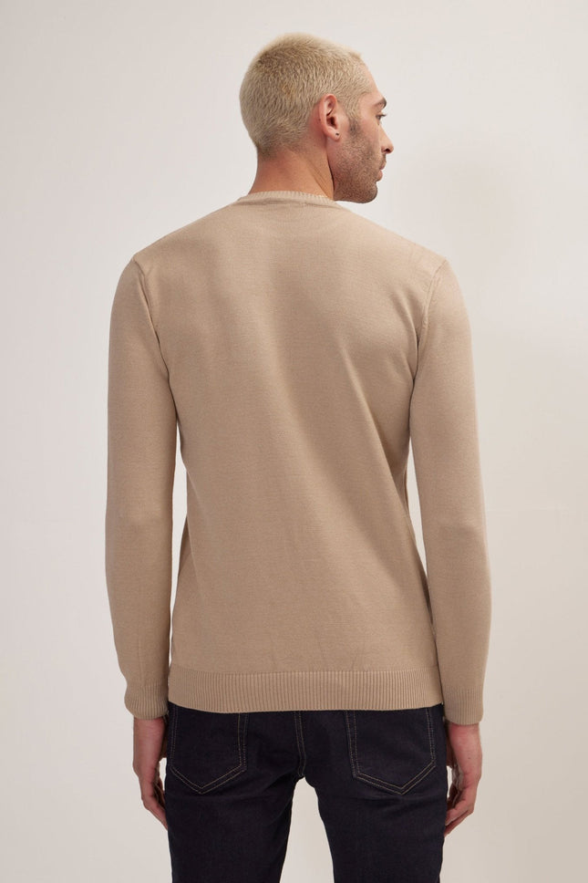 Men's Muscle Fit Crew-Neck Sweater - Stone | Ron Tomson