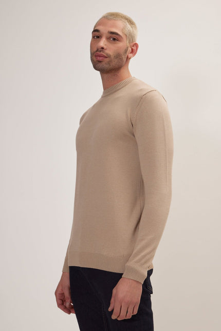 Men's Muscle Fit Crew-Neck Sweater - Stone | Ron Tomson