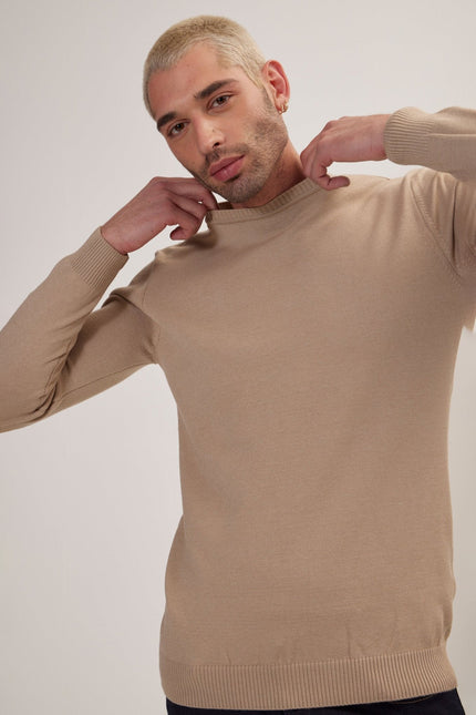 Men's Muscle Fit Crew-Neck Sweater - Stone | Ron Tomson