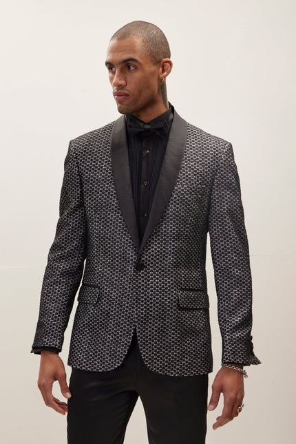 Men's Checkered Lace Weave Shawl Lapel Tuxedo Jacket - Black White | Ron Tomson