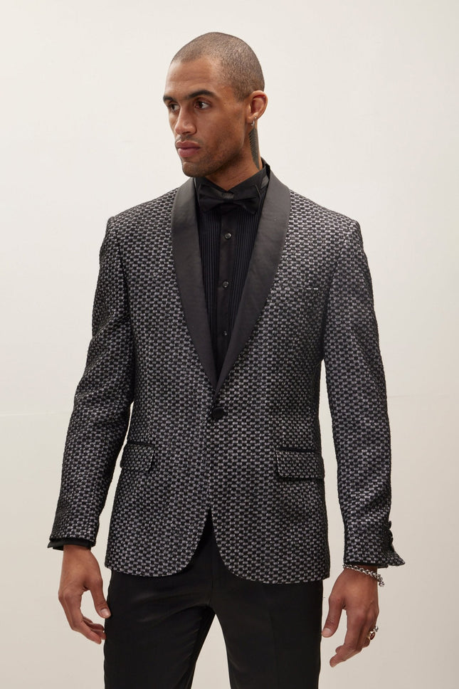 Men's Checkered Lace Weave Shawl Lapel Tuxedo Jacket - Black White | Ron Tomson