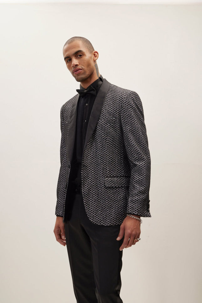 Men's Checkered Lace Weave Shawl Lapel Tuxedo Jacket - Black White | Ron Tomson