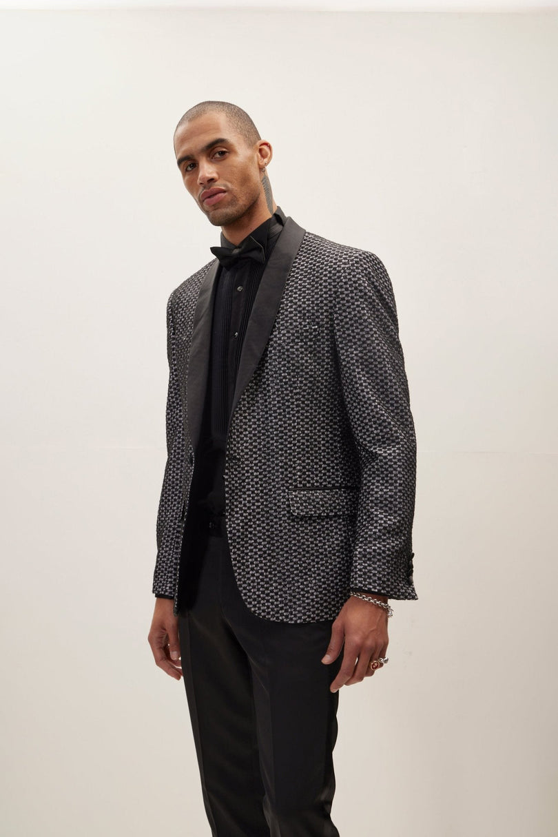 Men's Checkered Lace Weave Shawl Lapel Tuxedo Jacket - Black White | Ron Tomson