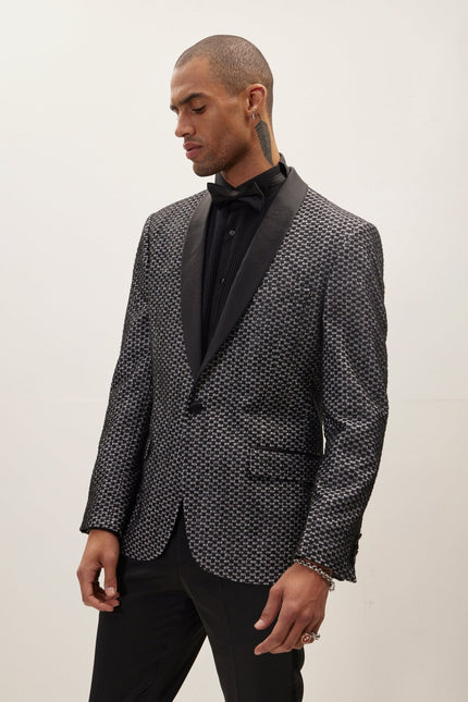 Men's Checkered Lace Weave Shawl Lapel Tuxedo Jacket - Black White | Ron Tomson