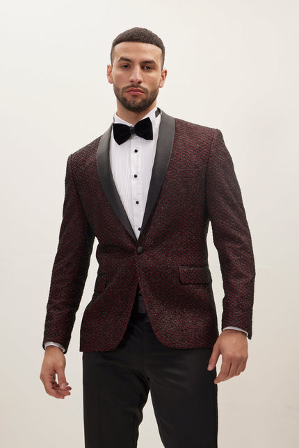 Men's Checkered Shawl Lapel Tuxedo Jacket - Burgundy | Ron Tomson