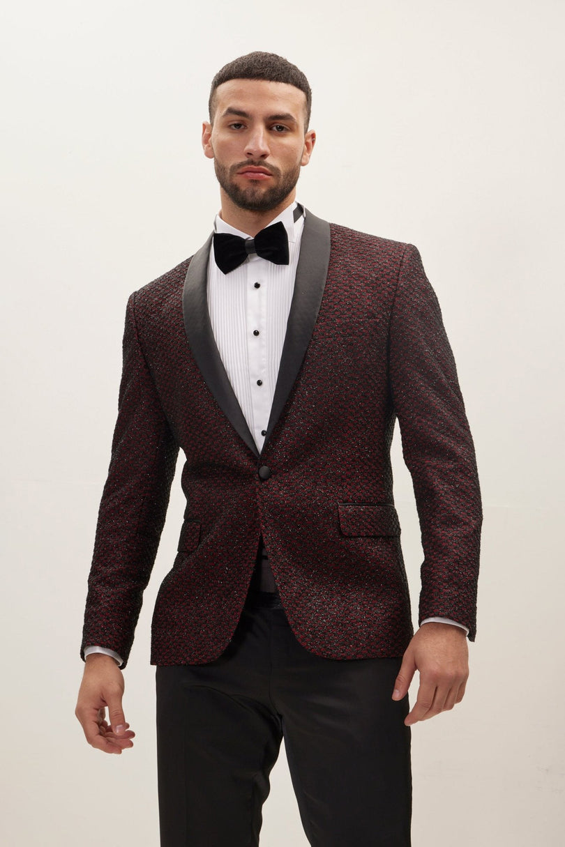 Men's Checkered Shawl Lapel Tuxedo Jacket - Burgundy | Ron Tomson