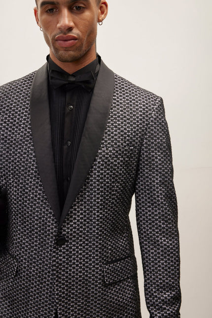 Men's Checkered Lace Weave Shawl Lapel Tuxedo Jacket - Black White | Ron Tomson