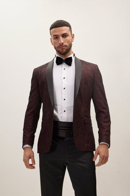 Men's Checkered Shawl Lapel Tuxedo Jacket - Burgundy | Ron Tomson