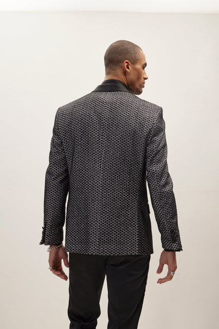 Men's Checkered Lace Weave Shawl Lapel Tuxedo Jacket - Black White | Ron Tomson