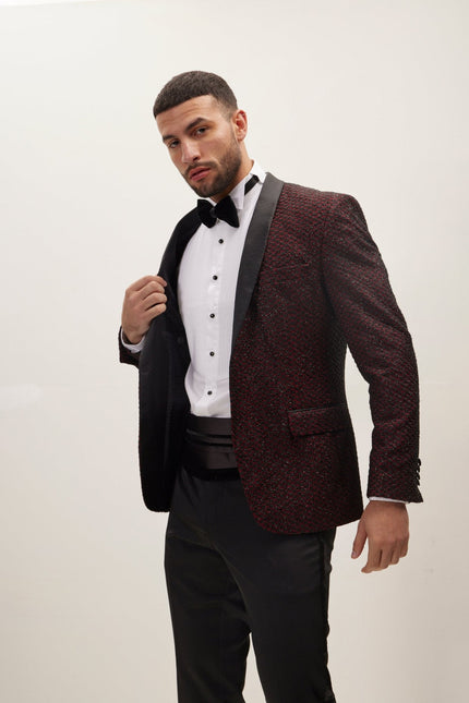Men's Checkered Shawl Lapel Tuxedo Jacket - Burgundy | Ron Tomson