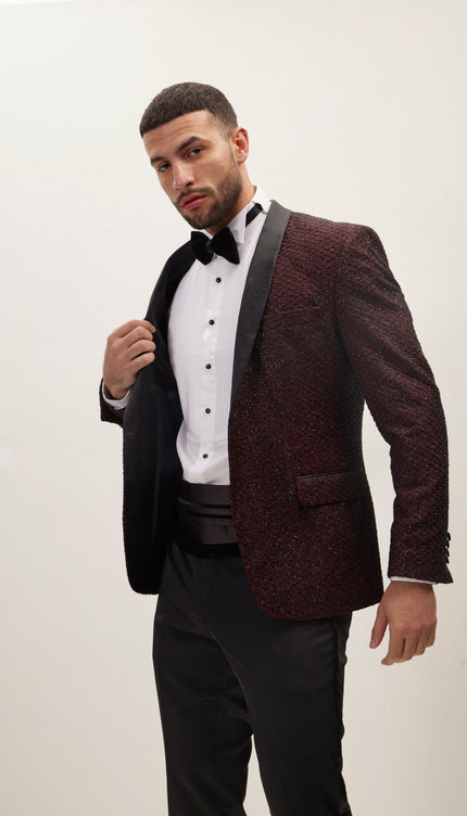 Men's Checkered Shawl Lapel Tuxedo Jacket - Burgundy | Ron Tomson Men's Checkered Shawl Lapel Tuxedo Jacket - Burgundy | Ron Tomson