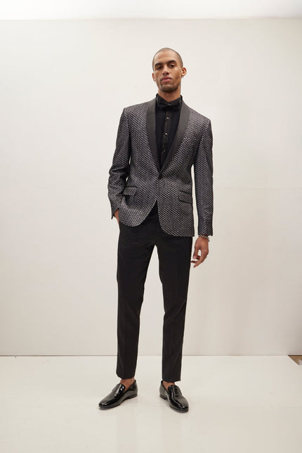Men's Checkered Lace Weave Shawl Lapel Tuxedo Jacket - Black White | Ron Tomson