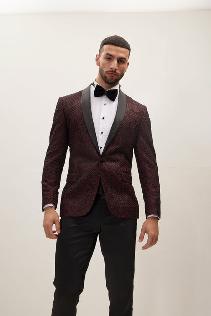 Men's Checkered Shawl Lapel Tuxedo Jacket - Burgundy | Ron Tomson