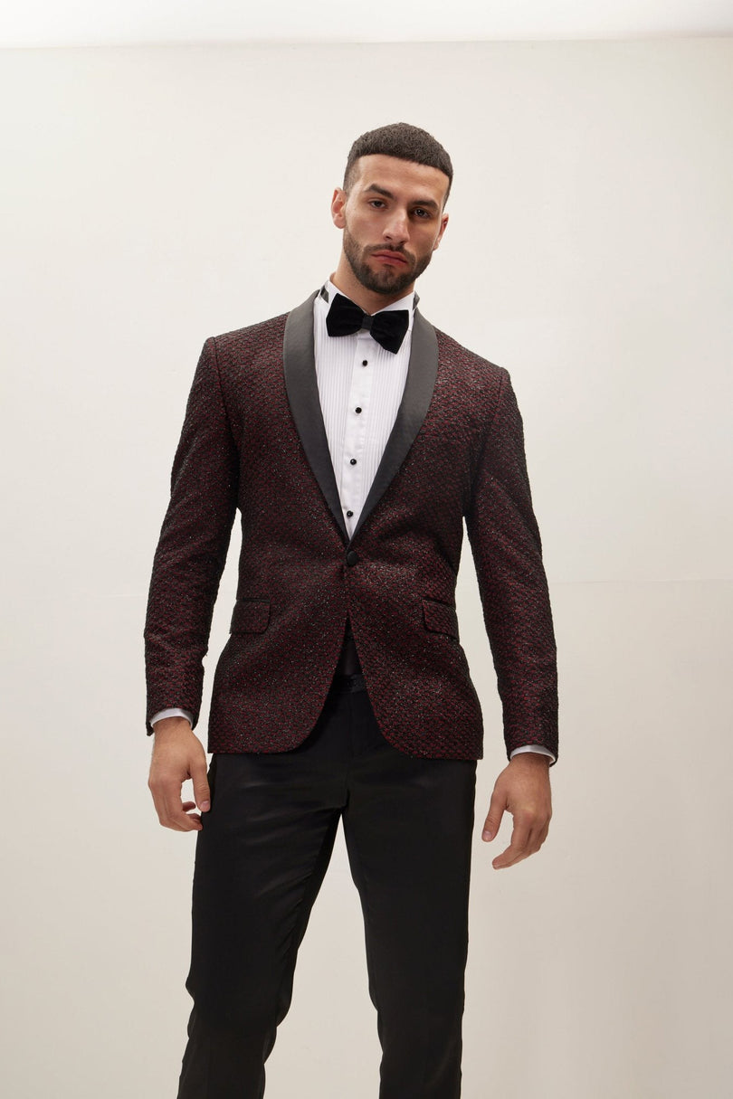 Men's Checkered Shawl Lapel Tuxedo Jacket - Burgundy | Ron Tomson