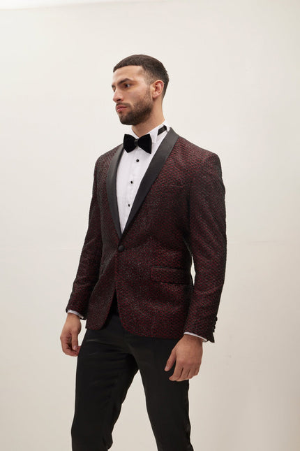 Men's Checkered Shawl Lapel Tuxedo Jacket - Burgundy | Ron Tomson