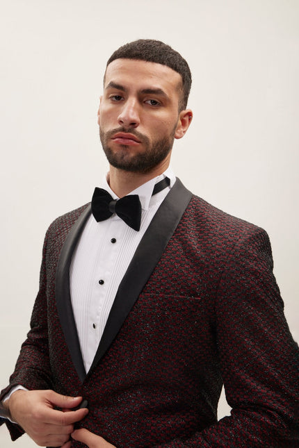 Men's Checkered Shawl Lapel Tuxedo Jacket - Burgundy | Ron Tomson
