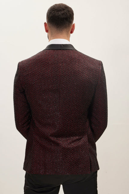 Men's Checkered Shawl Lapel Tuxedo Jacket - Burgundy | Ron Tomson