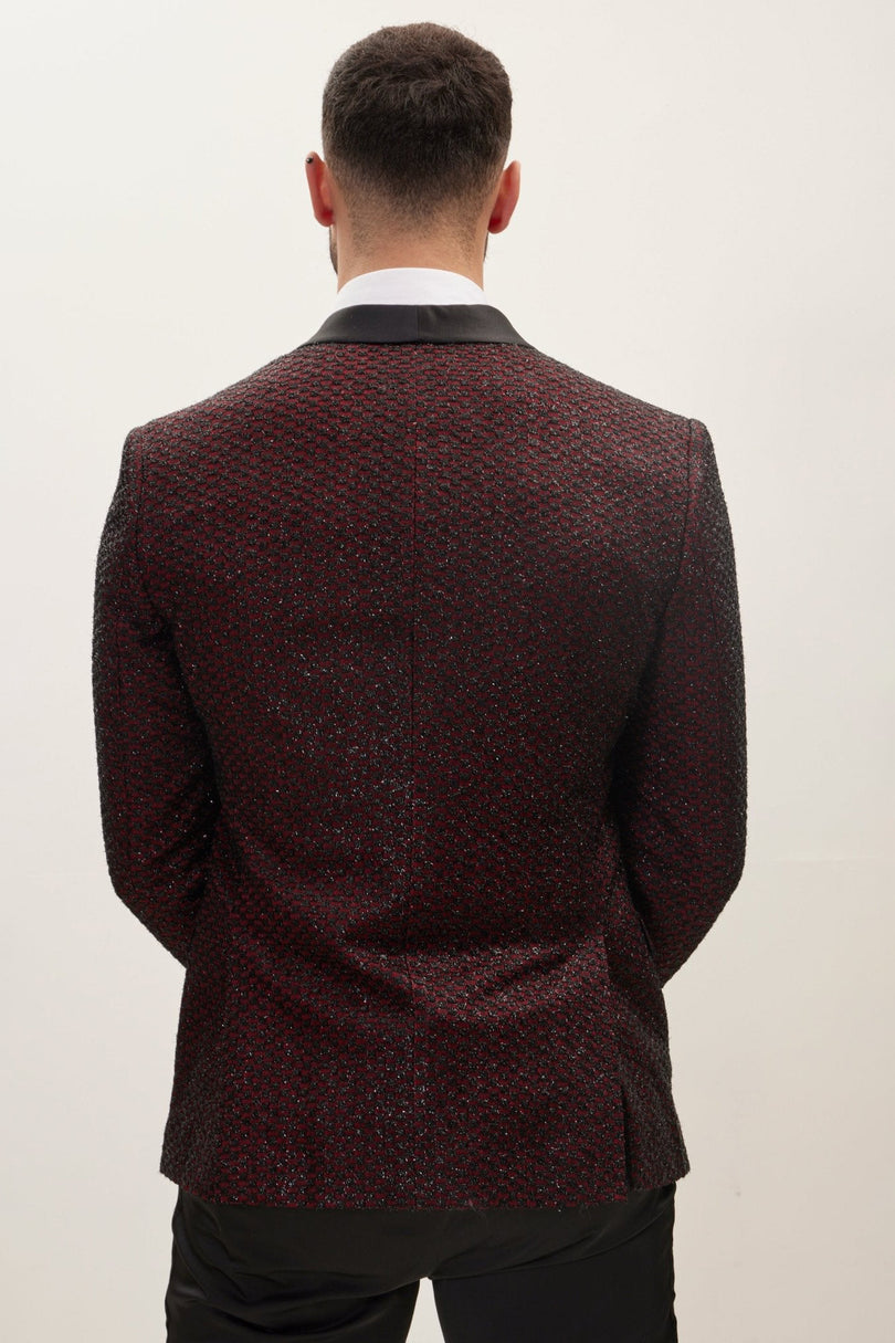 Men's Checkered Shawl Lapel Tuxedo Jacket - Burgundy | Ron Tomson