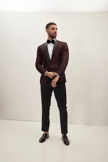 Men's Checkered Shawl Lapel Tuxedo Jacket - Burgundy | Ron Tomson